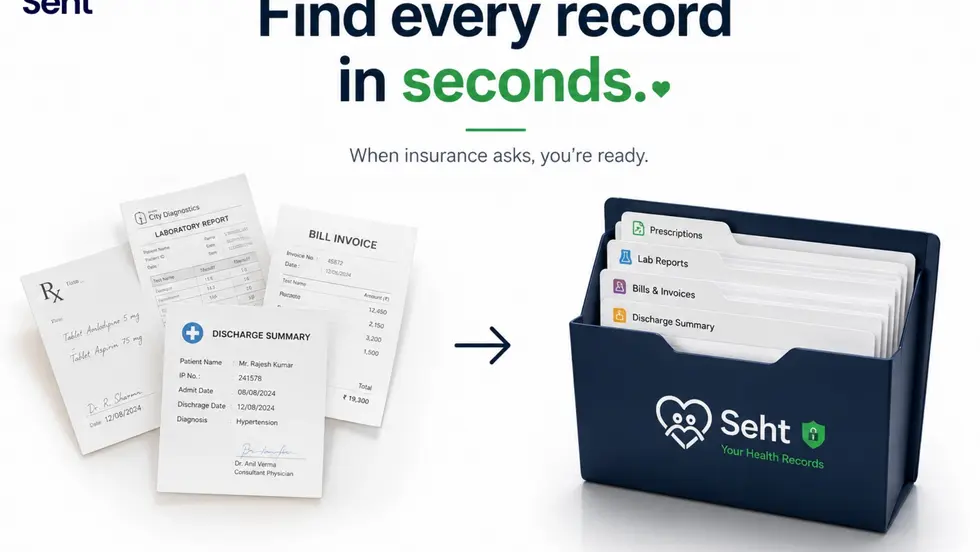 Seht ad showing medical papers sorted into a blue file box, with slogan Find every record in seconds and an arrow. Track on seht.