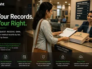 Woman requests medical records at hospital desk while clerk hands over a form and folder; poster says Seht, Your Records. Your Right. Track on seht.