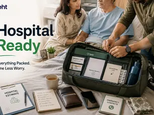 Family packs hospital-ready bag on bed with insurance cards, medical reports and emergency contacts; Seht branding and calm mood. Track on seht.