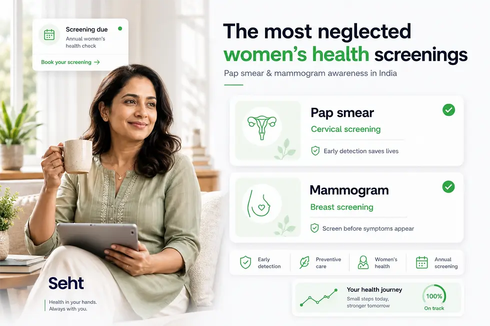 A woman in a light green shirt holds a mug and tablet, sitting in a bright room. Text promotes women's health screenings for cervical and breast exams. Track on seht.