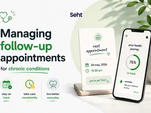 Medical app promo with phone and appointment card, showing 75% on track and reminders for follow-up appointments. Track on seht.
