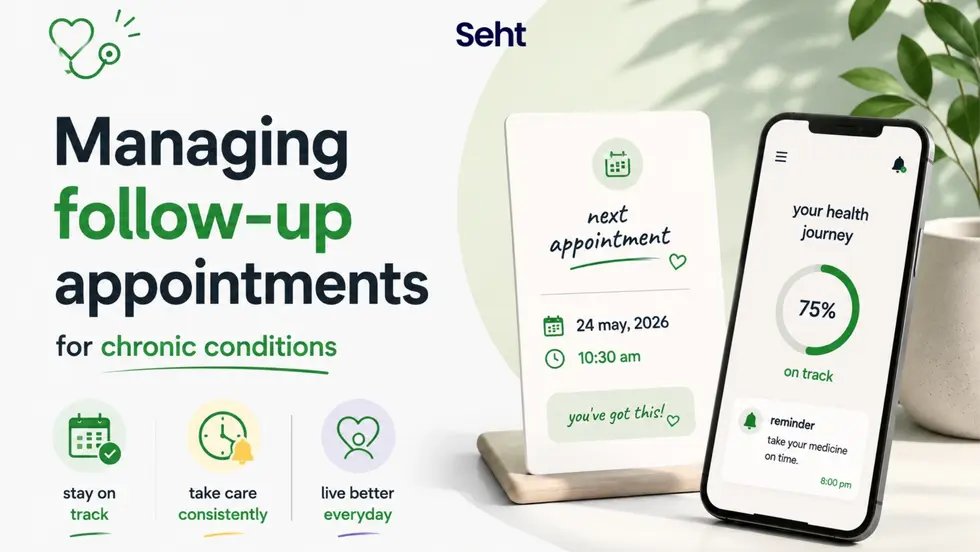 Medical app promo with phone and appointment card, showing 75% on track and reminders for follow-up appointments. Track on seht.