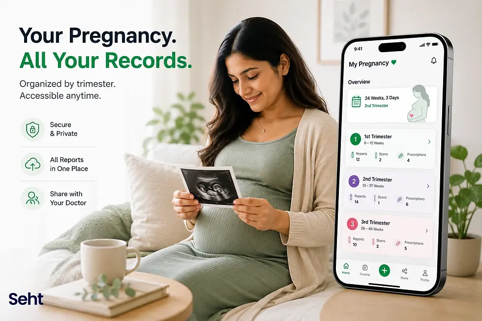 Pregnant woman in a cozy room holds an ultrasound beside a phone showing My Pregnancy records and trimester overview. Track on seht.