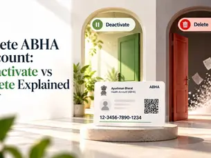 Poster about ABHA account deletion shows Deactivate vs Delete, with ABHA card, green and red doors, and floating paper debris. Track on seht.