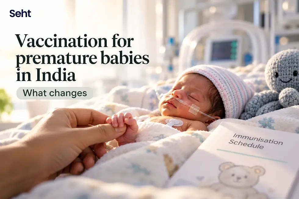 Premature newborn in NICU holds adult hand; immunisation schedule and headline about vaccination for premature babies in India. Track on seht.