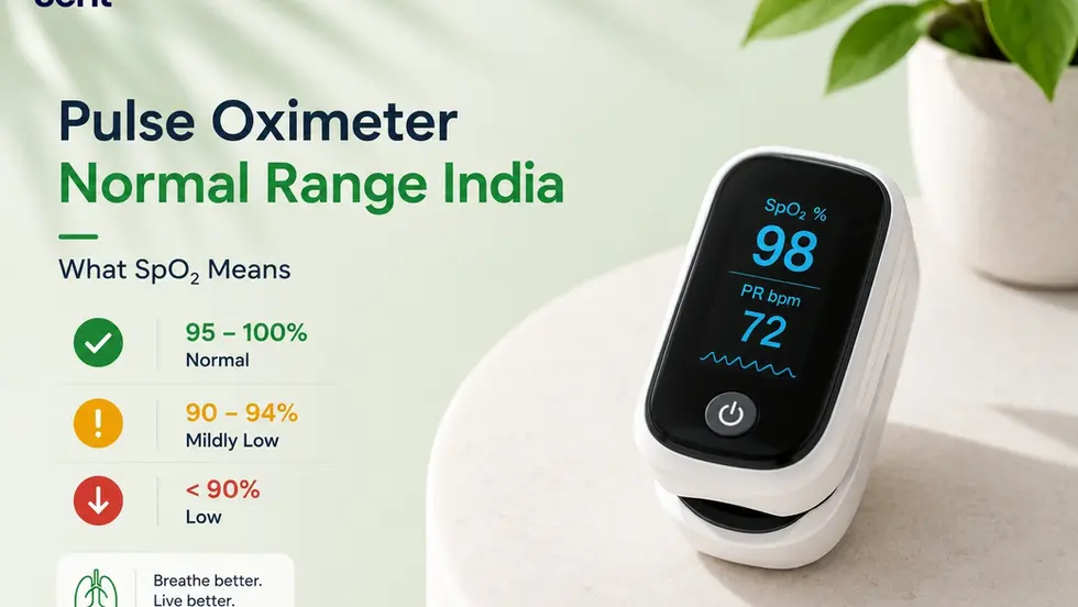 Pulse oximeter ad showing SpO2 98 and PR 72, with India normal range chart and a potted plant on a soft white background. Track on seht.