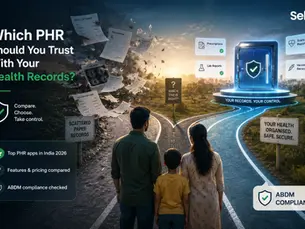 Family on split road toward secure digital health record vault; papers fly left, app cards right, with text on choosing PHR. Track on seht.