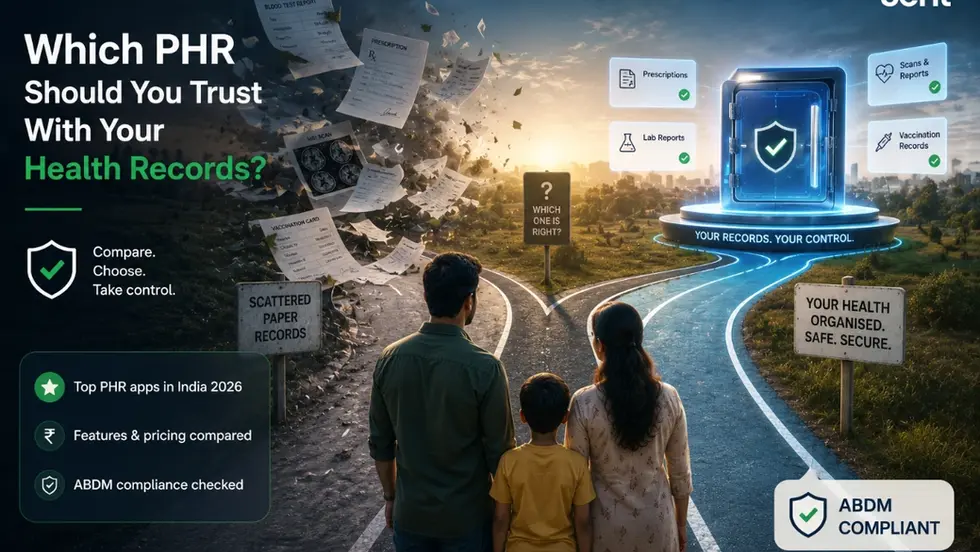 Family on split road toward secure digital health record vault; papers fly left, app cards right, with text on choosing PHR. Track on seht.