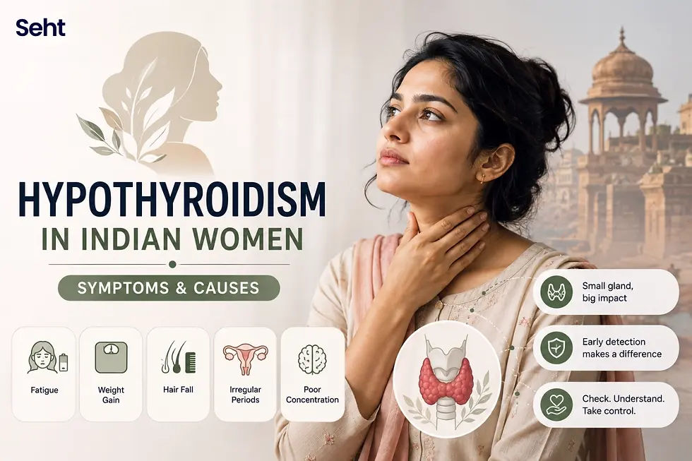 Health poster with woman touching neck, titled Hypothyroidism in Indian Women; symptoms, causes, thyroid icon, temple background. Track on seht.