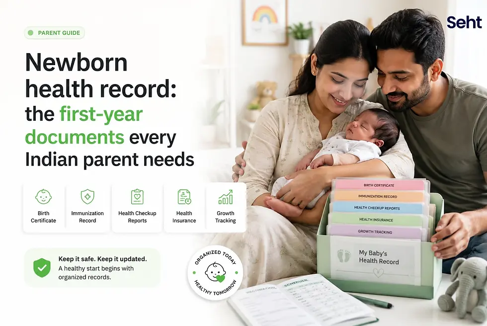Smiling parents cradle a sleeping newborn beside a baby health record box; poster reads Newborn health record and lists key documents. Track on seht.