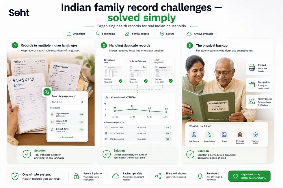 Three panels show organizing health records: language support, handling duplicates, and printed backups. Smiling elder couple reads "Health Records." Track on seht.