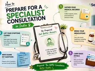 Infographic on preparing for a specialist consultation in India, showing 5 steps, clipboard, stethoscope, meds, and records. Track on seht.