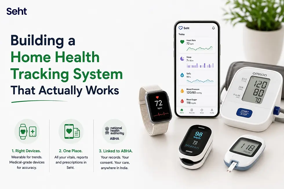 Seht ad with phone, smartwatch, BP cuff and glucose meter showing health stats on a clean white background, calm, modern mood. Track on seht.