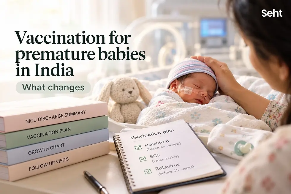 Mother cradles sleeping preterm baby in NICU beside vaccination plan books; text says Vaccination for premature babies in India. Track on seht.