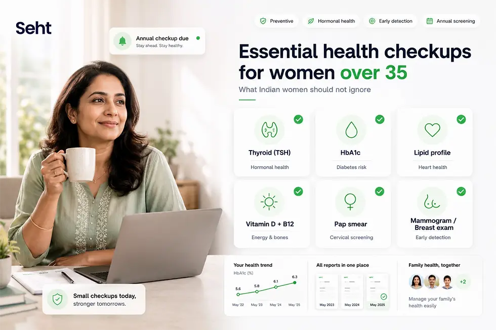 Woman with coffee by laptop, text reads "Essential health checkups for women over 35." Includes health test icons and graphs, promoting checkups. Track on seht.