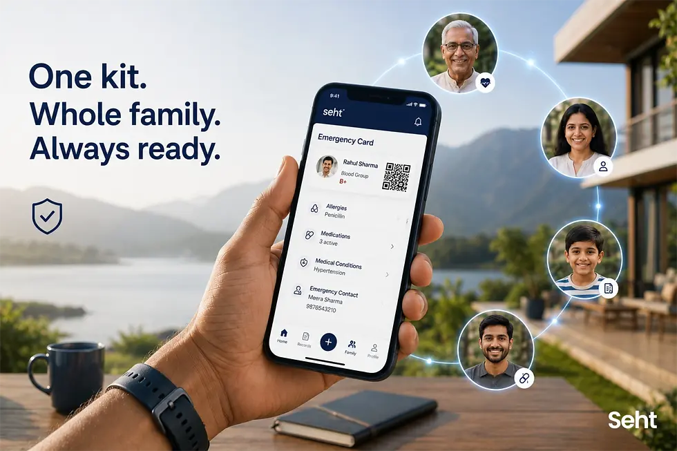 Hand holding a phone with medical app, "One kit. Whole family. Always ready." on screen. Background: lake, mountains, and family icons. Track on seht.