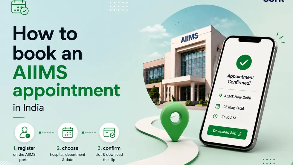 AIIMS appointment booking infographic with hospital, phone showing Appointment Confirmed, and steps to register, choose, confirm. Track on seht.