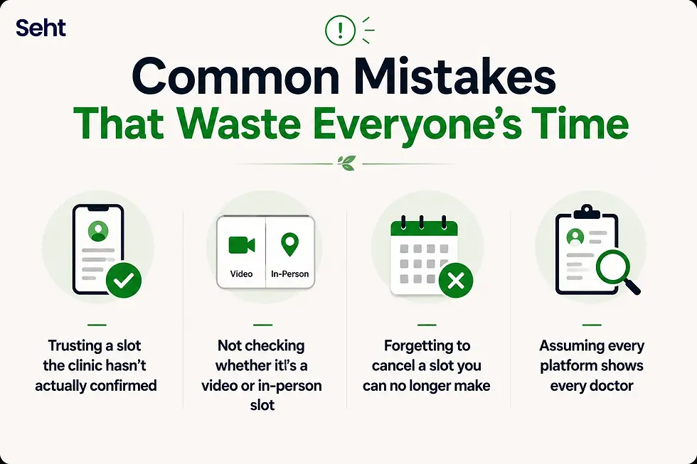 Seht infographic titled Common Mistakes That Waste Everyone’s Time, with icons for booking, video/in-person, canceling, and search. Track on seht.