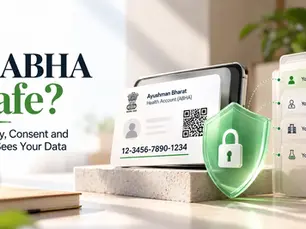 ABHA safety graphic with card, green shield, and tabs for you, doctor, hospital, and lab beside text on privacy and consent. Track on seht.