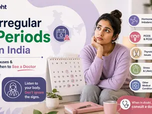 Health poster with a woman sitting thoughtfully beside a calendar, titled Irregular Periods in India, listing causes and doctor advice. Track on seht.