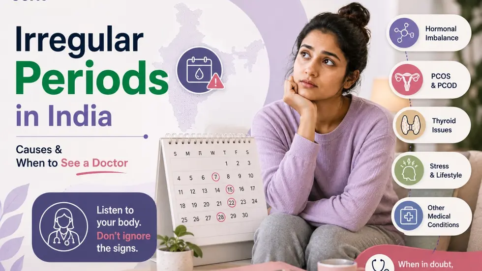 Health poster with a woman sitting thoughtfully beside a calendar, titled Irregular Periods in India, listing causes and doctor advice. Track on seht.