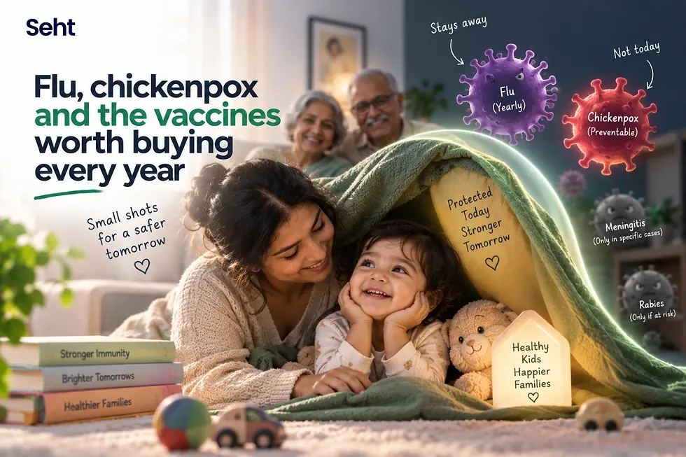 Seht ad shows mother and child under a blanket, with flu and chickenpox germs, promoting yearly vaccines. Track on seht.