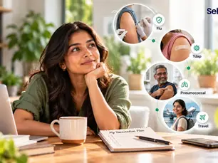 Woman at desk reviews My Vaccination Plan beside laptop and mug, with vaccine icons for flu, Tdap, pneumococcal and travel. Track on seht.