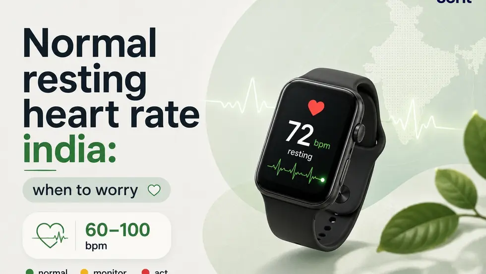 Infographic of black smartwatch showing 72 bpm resting, with text Normal resting heart rate india: when to worry and 60–100 bpm. Track on seht.