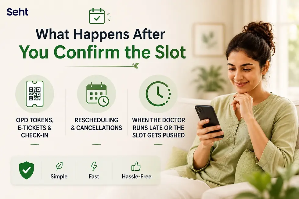 Woman smiling on phone in a bright room beside poster text: What Happens After You Confirm the Slot, with appointment icons and checklist. Track on seht.