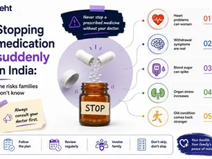 Infographic warning against stopping medication suddenly, with pill bottle, warning icons, and tips to consult a doctor. Track on seht.