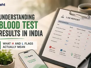 Promotional graphic with clipboard lab report and phone on desk; text: Understanding Blood Test Results in India, H and L flags. Track on seht.