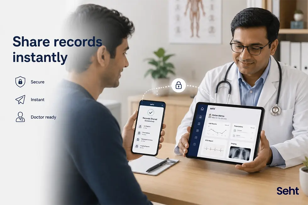 Doctor and patient exchanging medical records via tablet and phone. Text: "Share records instantly. Secure, Instant, Doctor ready." Track on seht.