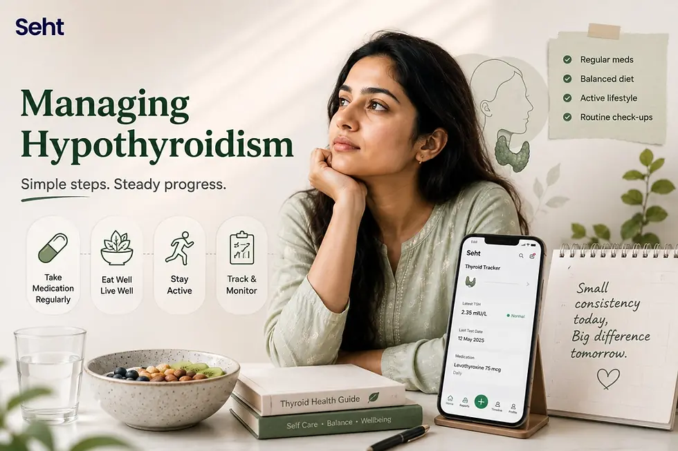 Woman beside thyroid health app and notebook in a calming desk scene; text reads Managing Hypothyroidism and Small consistency today. Track on seht.