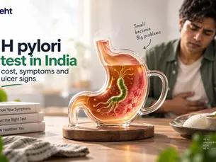 Ad for H pylori test in India: man clutching stomach beside glowing stomach graphic and text about cost, symptoms and ulcer signs. Track on seht.