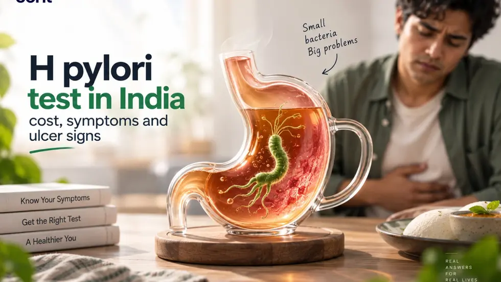Ad for H pylori test in India: man clutching stomach beside glowing stomach graphic and text about cost, symptoms and ulcer signs. Track on seht.
