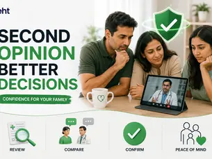 Family consults a doctor on a laptop at a table, beside shield icon and text Second Opinion Better Decisions, Confidence for Your Family. Track on seht.