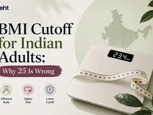 Poster about BMI cutoff for Indian adults, with scale showing 23.4 BMI, tape measure, India map, and text Why 25 Is Wrong. Track on seht.