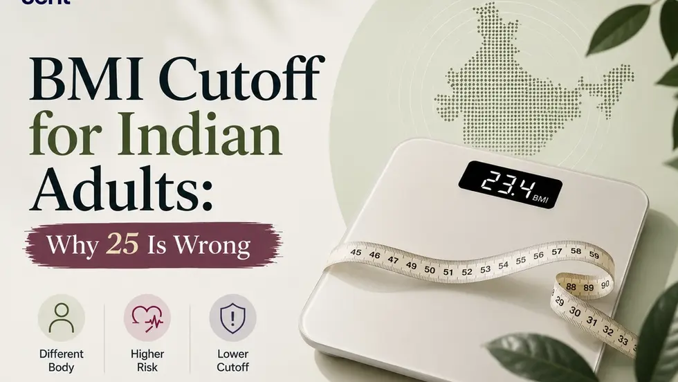 Poster about BMI cutoff for Indian adults, with scale showing 23.4 BMI, tape measure, India map, and text Why 25 Is Wrong. Track on seht.