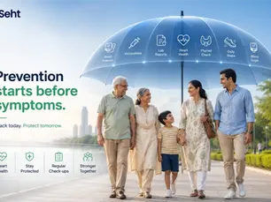 Family walks in a sunny park under a transparent health umbrella, with text: Prevention starts before symptoms. Track on seht.