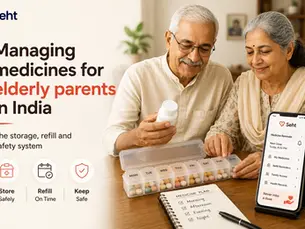 Elderly Indian couple reviews pill organizer and Seht medicine reminder app, with text about managing medicines and safety. Track on seht.
