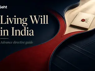 Cover with beige booklet and wax seal on dark red and navy background; text reads Living Will in India, Advance directive guide. Track on seht.