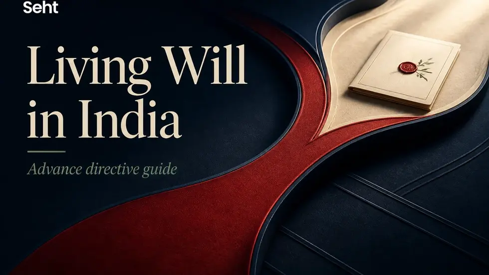 Cover with beige booklet and wax seal on dark red and navy background; text reads Living Will in India, Advance directive guide. Track on seht.