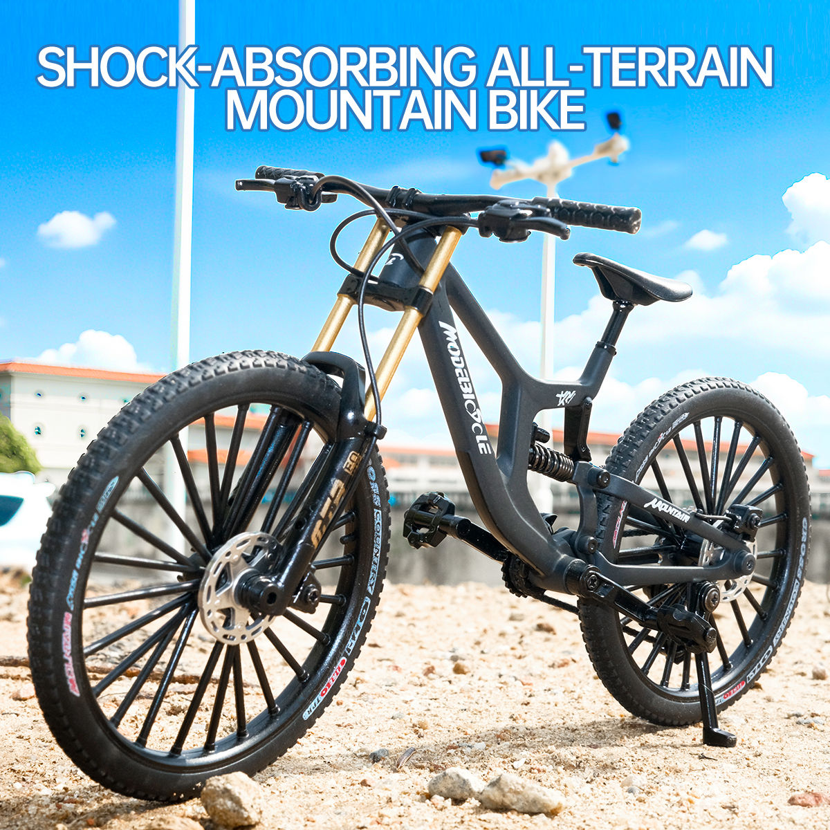1:8 Alloy mountain bike model with base - features realistic gears and dual susp
