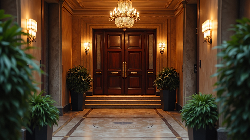 Wide angle view of the Royal Club's elegant entrance