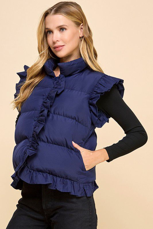 Thumbnail: RUFFLE TRIM BUTTON DOWN PUFFER VEST