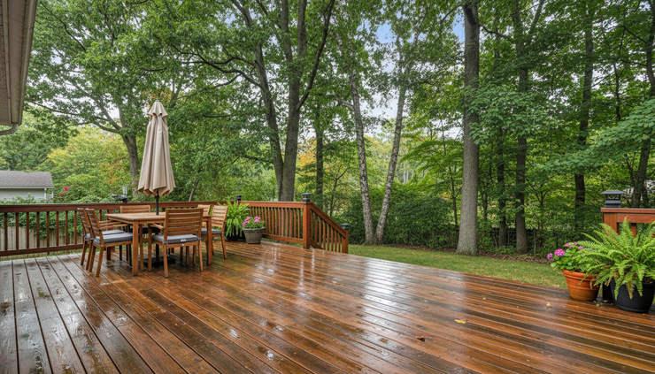 Eye-level view of a damp wooden deck with clean boards and shaded railings.
