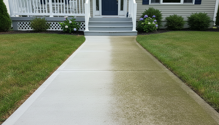 Eye-level view of a concrete walkway with one section cleaned and one section stained