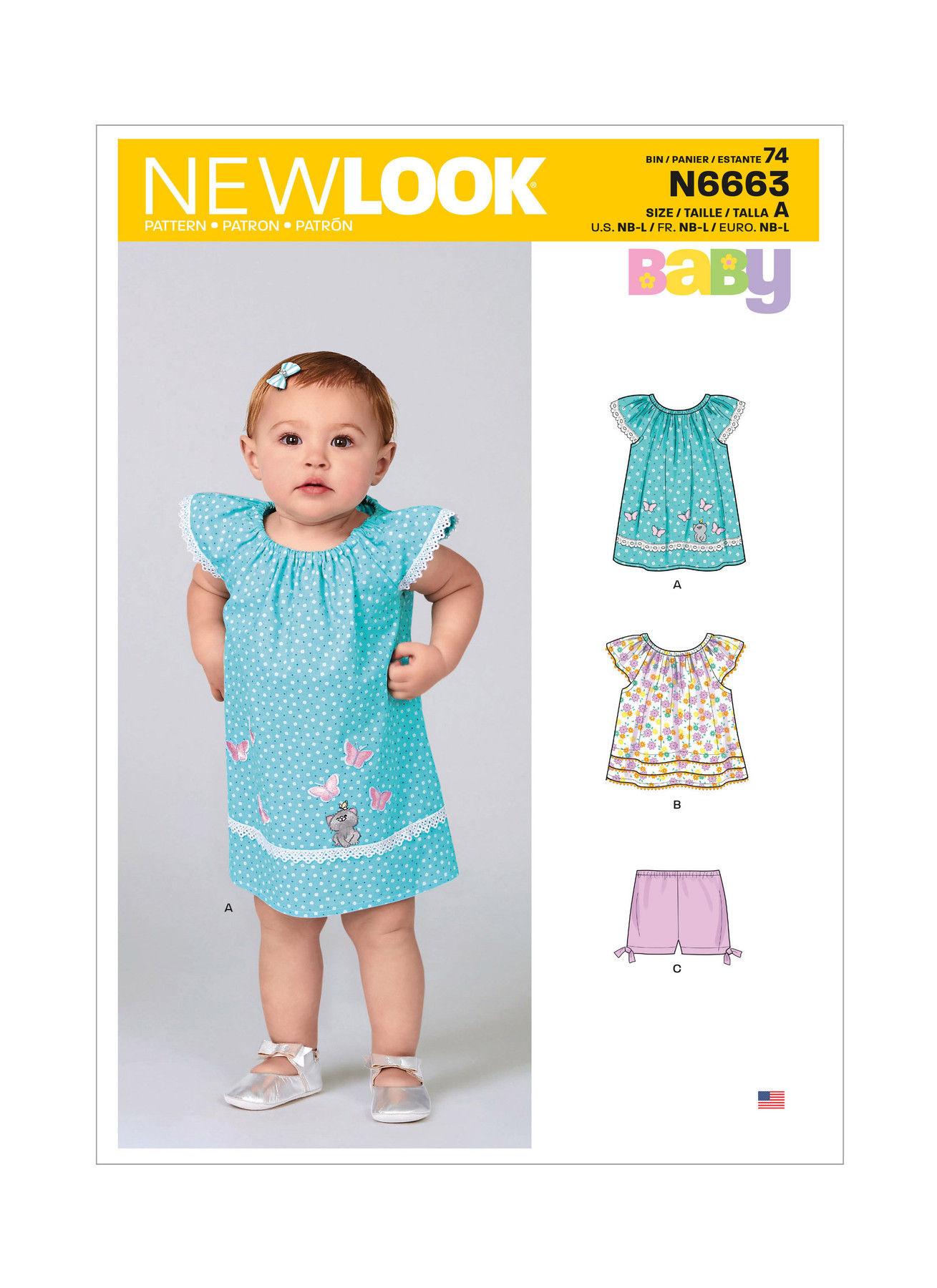 6663 New Look Sewing Pattern Infants' Dress, Top with Appliques & Trims & Pants
