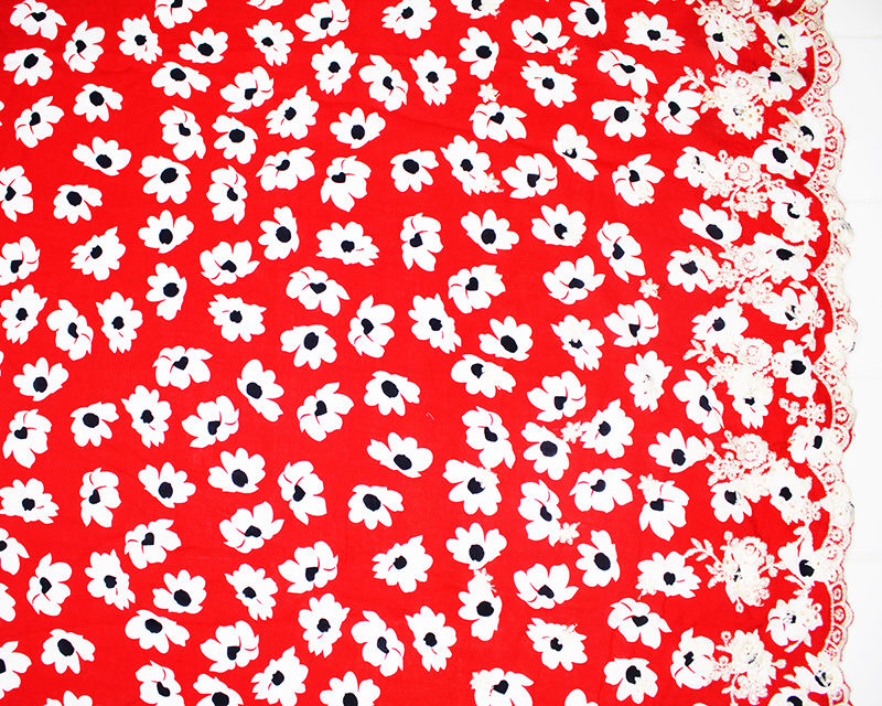 2001 Floral Embroidered Border Red Viscose