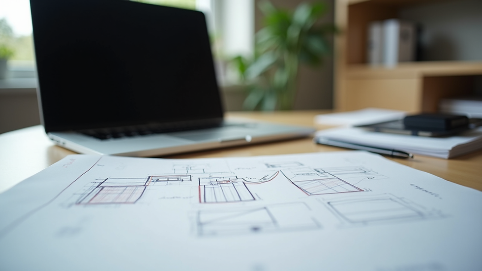 eye-level view of a modern workspace with a laptop and design sketches